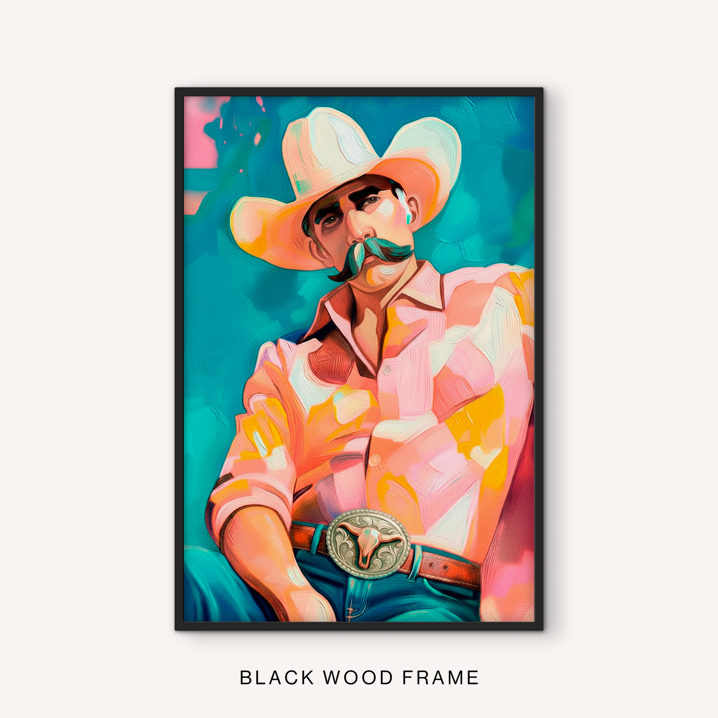 Bold cowboy print in a black frame featuring a modern western portrait, white cowboy hat, turquoise background, and colorful ranch style.