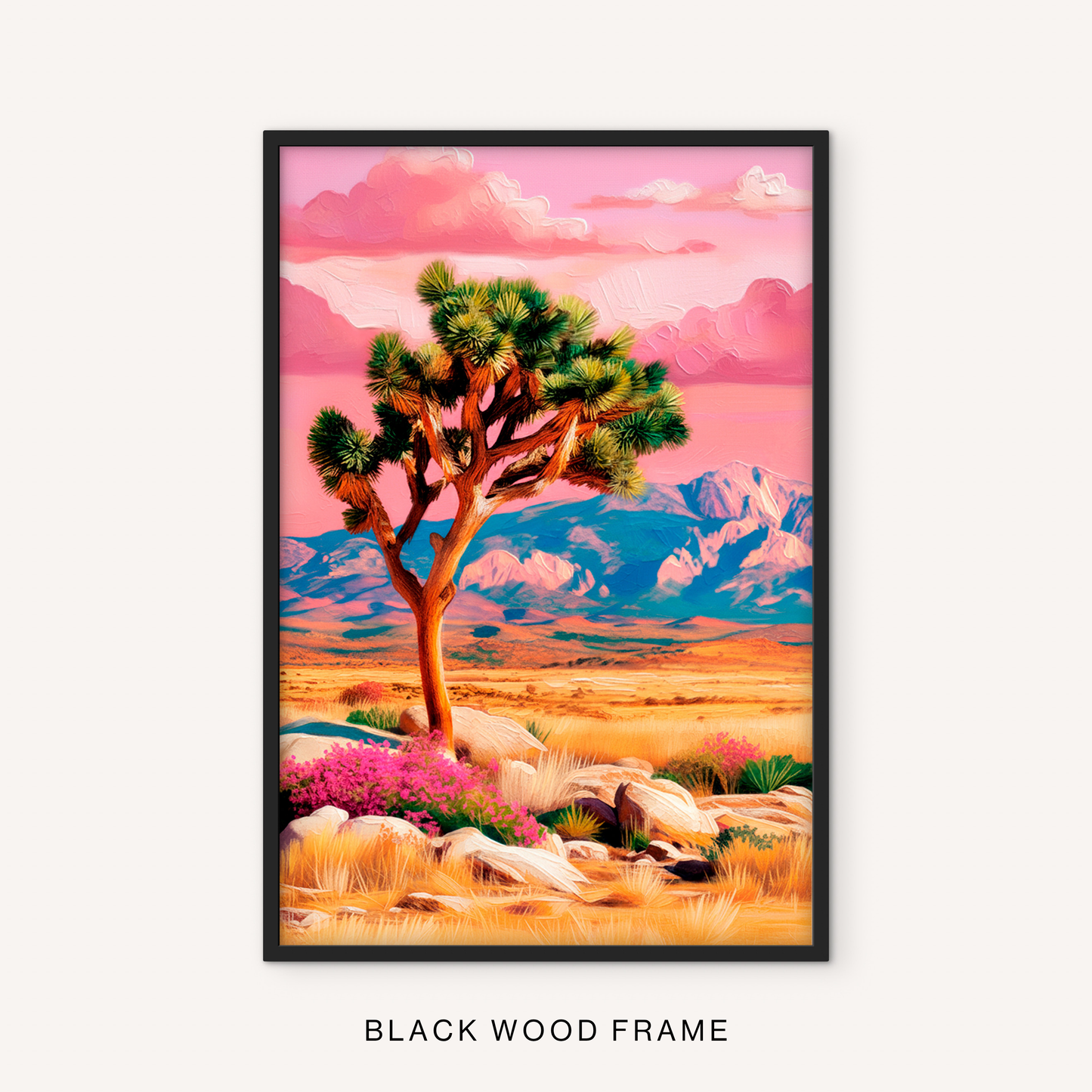 Bold desert tree print in a black frame featuring a Joshua tree, pink sunset sky, mountain landscape, and colorful western desert scenery.
