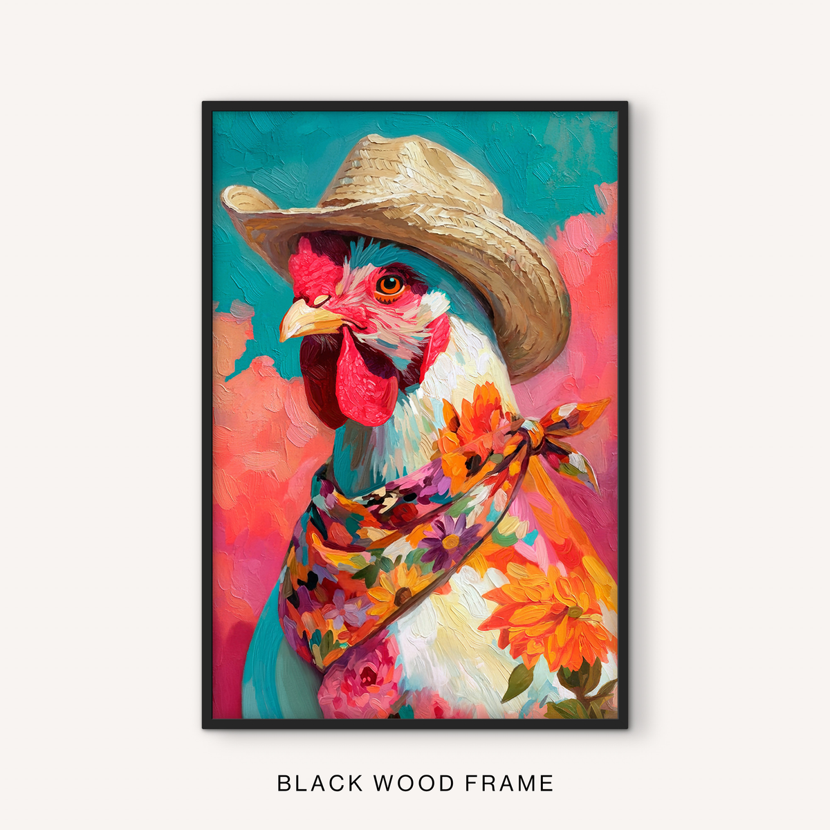 Bold farm animal print in a black frame featuring a colorful rooster, straw cowboy hat, floral bandana, and western farmhouse decor style.