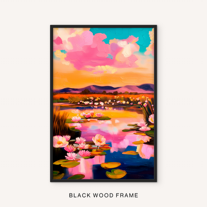 Bold floral landscape print in a black frame featuring a colorful pond, pink water lilies, sunset reflections, and distant mountains.