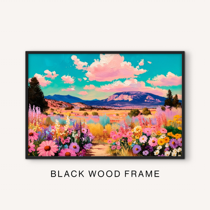 Bold floral landscape print in a black frame featuring a colorful western meadow, mountain scenery, pink clouds, and bright prairie flowers.
