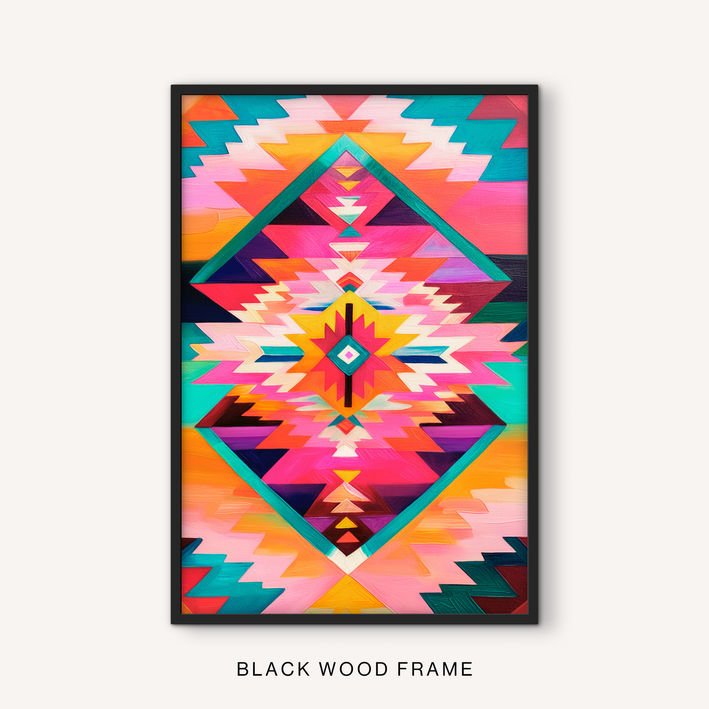 Bold geometric western print in a black frame featuring a colorful southwestern pattern with bright desert-inspired colors.