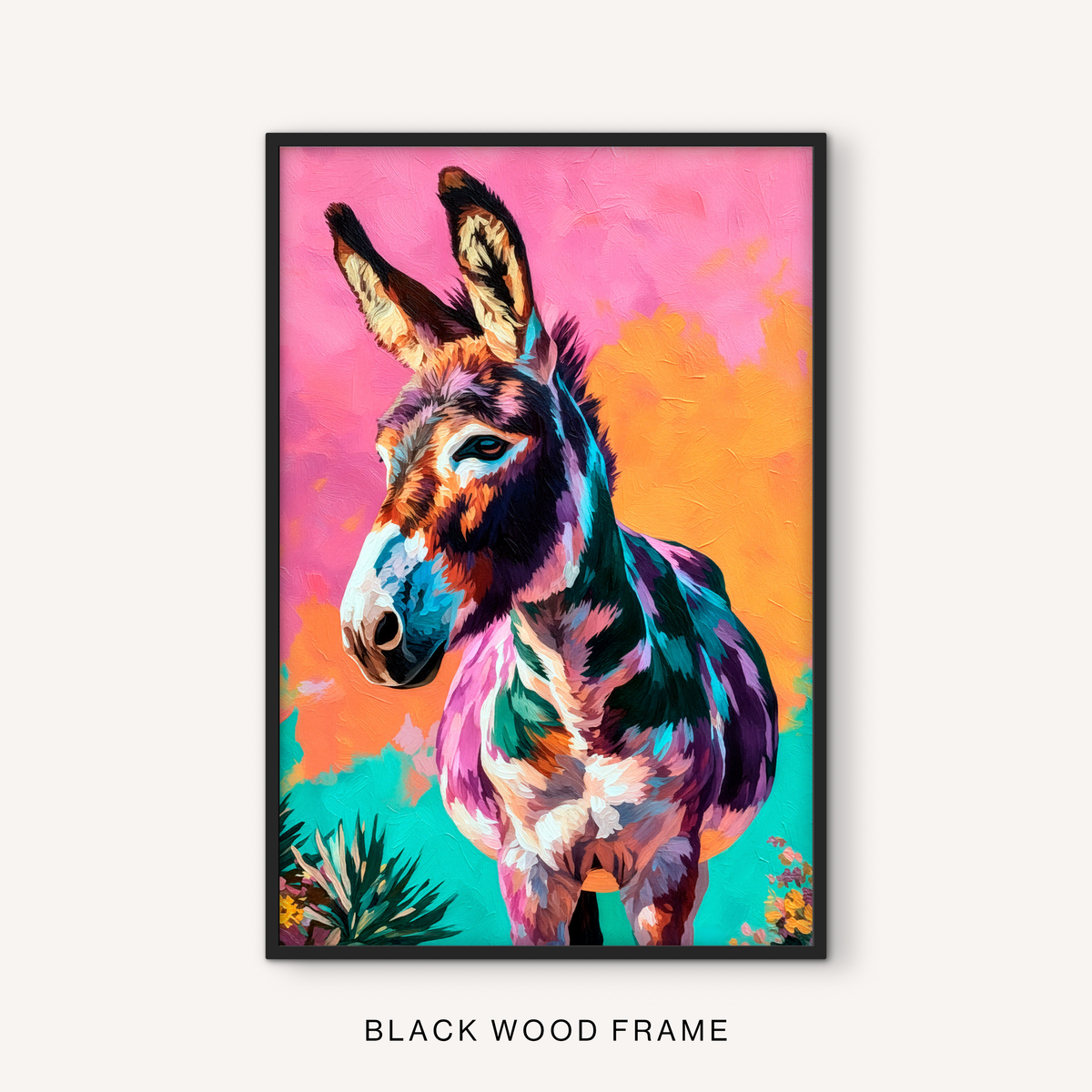 Bold ranch animal print in a black frame featuring a colorful donkey portrait, bright desert colors, turquoise accents, and western wall decor style.