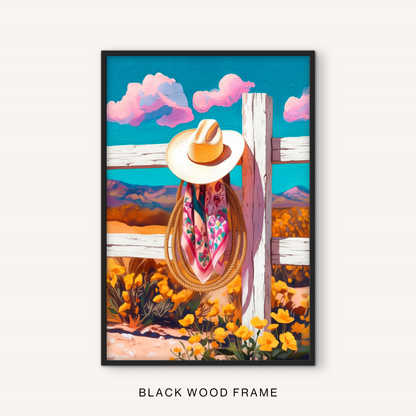 Bold ranch decor print in a black frame featuring a cowboy hat, floral scarf, rope, white fence, yellow flowers, and western mountain view.