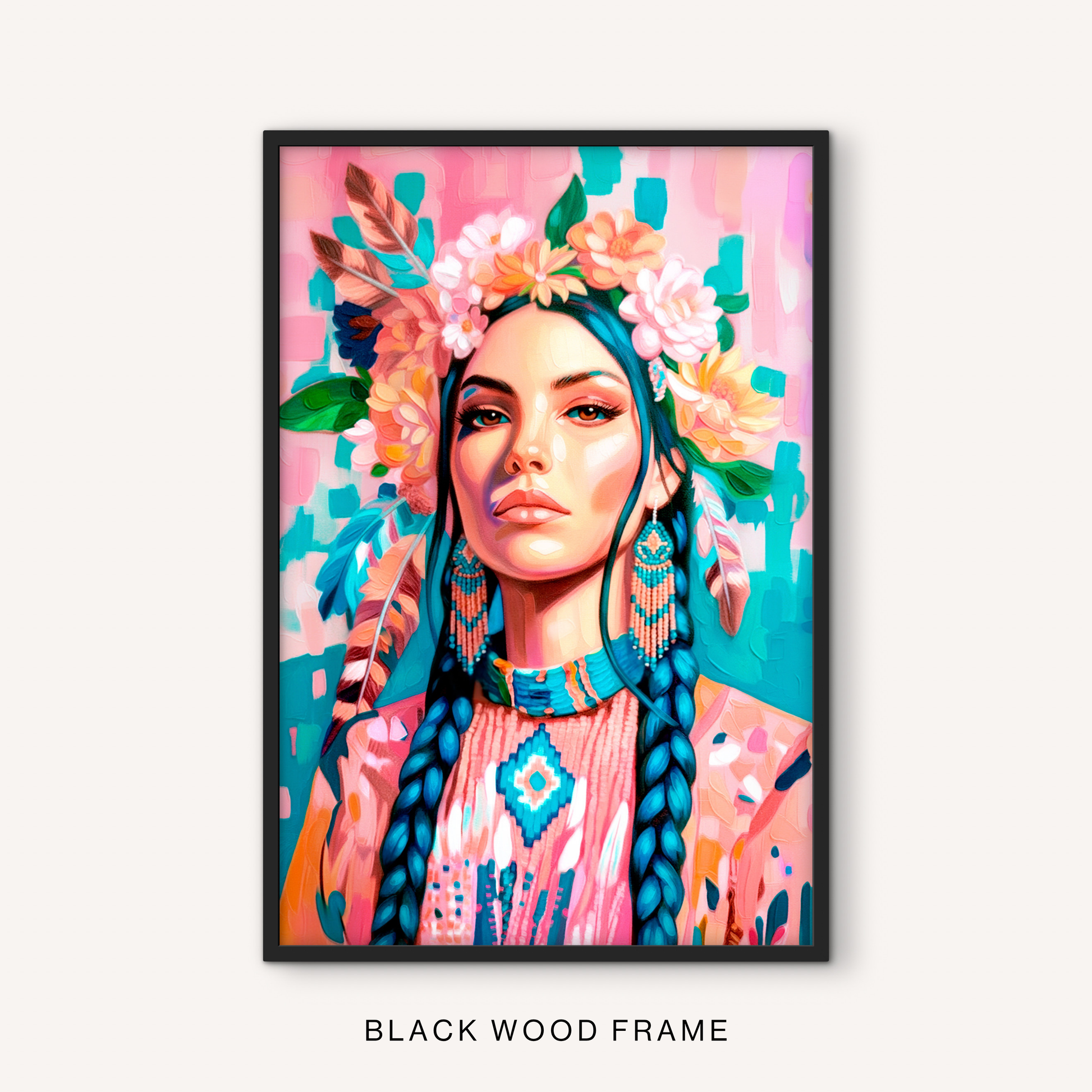 Bold southwestern portrait print in a black frame featuring a colorful woman with flowers, turquoise jewelry, feathers, and western-inspired style.