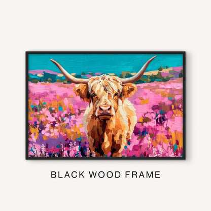 Bold western cow print in a black frame featuring a colorful Highland cow, pink meadow, turquoise sky, and farmhouse ranch decor style.
