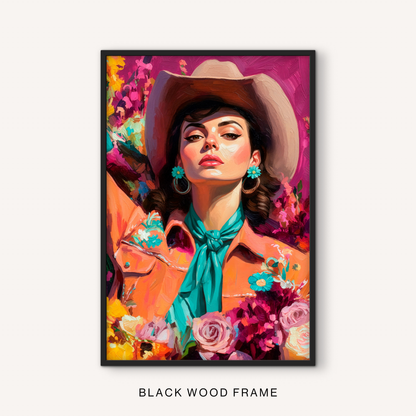 Bold western cowgirl print in a black frame featuring a colorful ranch portrait, floral background, cowboy hat, and turquoise accent scarf.