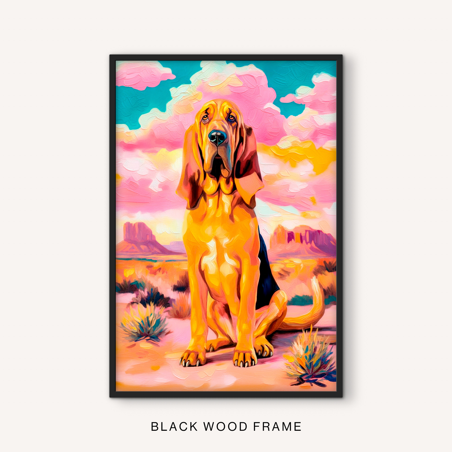 Bold western dog print in a black frame featuring a colorful bloodhound, desert mesas, pink clouds, and southwest animal artwork.