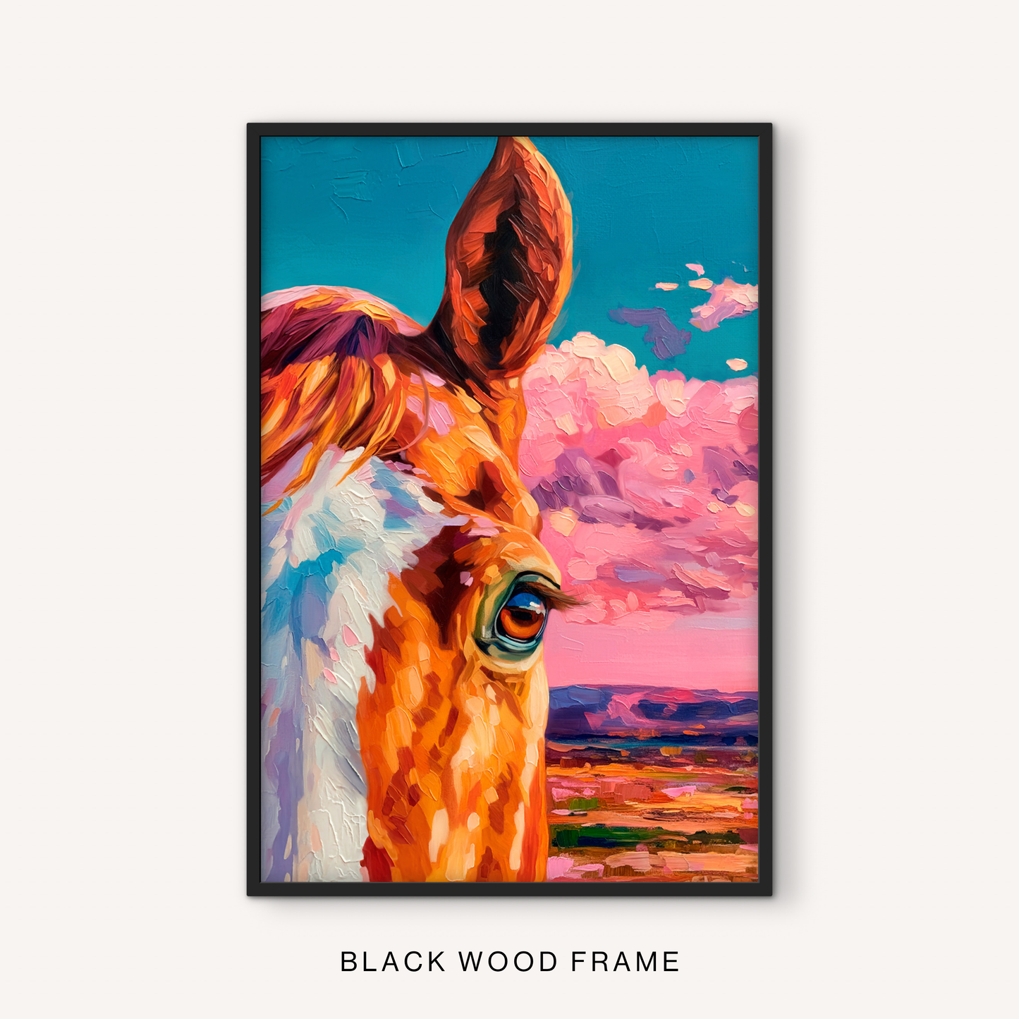 Bold western horse print in a black frame featuring a colorful close-up horse portrait, turquoise sky, pink clouds, and southwest landscape.