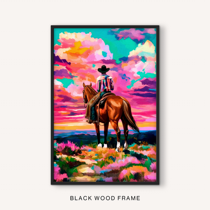 Bold western horse print in a black frame featuring a cowboy rider, dramatic sunset clouds, mountain landscape, and colorful ranch scenery.