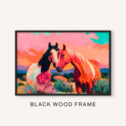 Bold western horses print in a black frame featuring two colorful horses, desert landscape, pink clouds, and ranch house wall decor style.