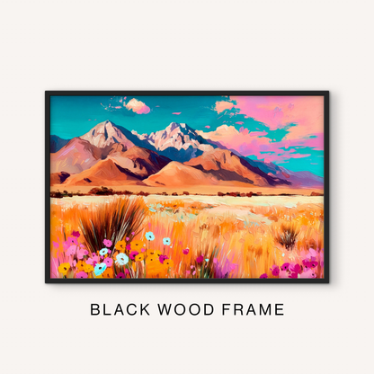 Bold western landscape print in a black frame featuring colorful mountains, wildflower field, golden prairie, and bright southwest sky.
