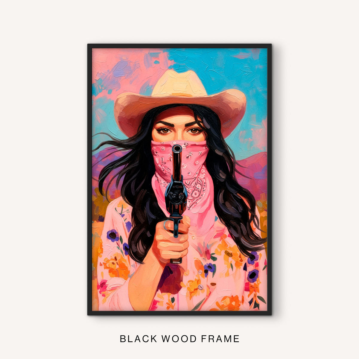 Bold western outlaw print in a black frame featuring a colorful cowgirl portrait, pink bandana, cowboy hat, and ranch-inspired western style.