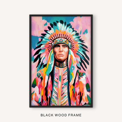 Bold western portrait print in a black frame featuring colorful southwest-inspired details, feather shapes, and bright pink and teal colors.