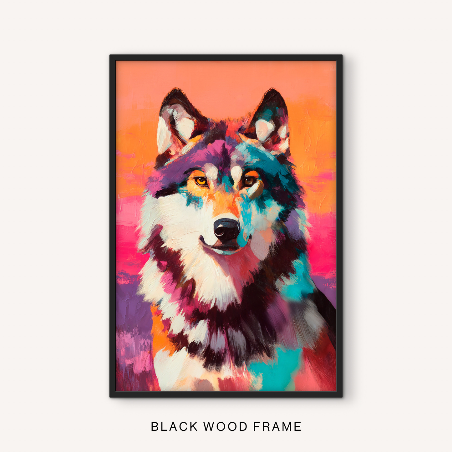 Bold western wolf print in a black frame featuring a colorful animal portrait, vivid sunset tones, turquoise highlights, and southwest decor style.
