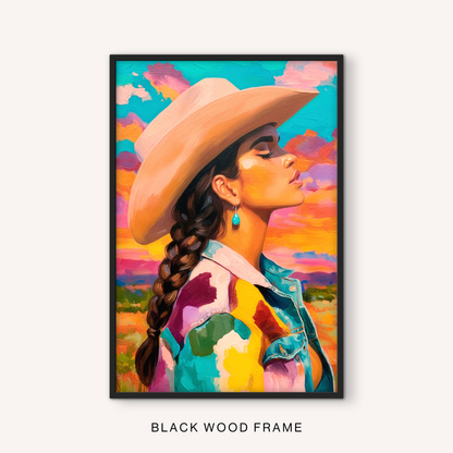 Bold western woman print in a black frame featuring a colorful cowgirl profile, sunset clouds, white cowboy hat, and ranch house decor style.