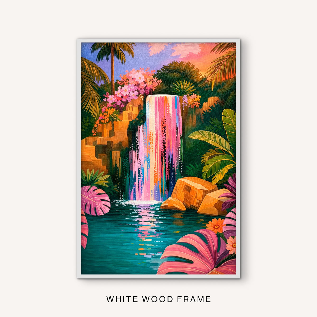 Botanical waterfall wall art in a white frame with vivid pink flowers, tropical greenery and turquoise water