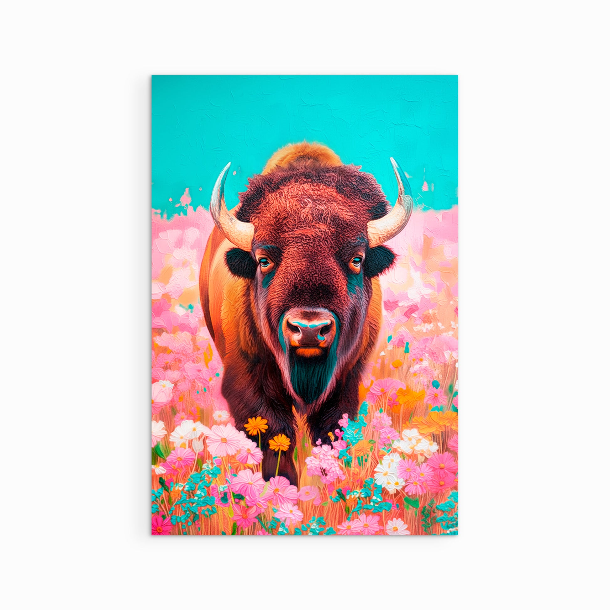 buffalo art print on white background, colorful western bison wall art with pink and turquoise tones