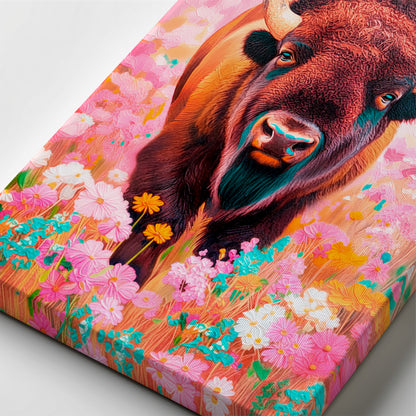 canvas texture close up of buffalo painting, colorful western art with expressive brushwork and layered detail
