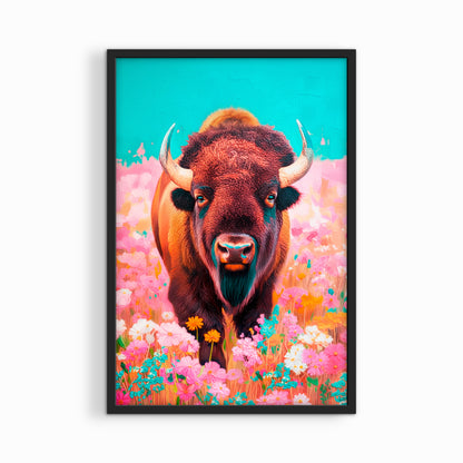buffalo wall art in black frame, colorful western bison print with pink flowers and turquoise sky