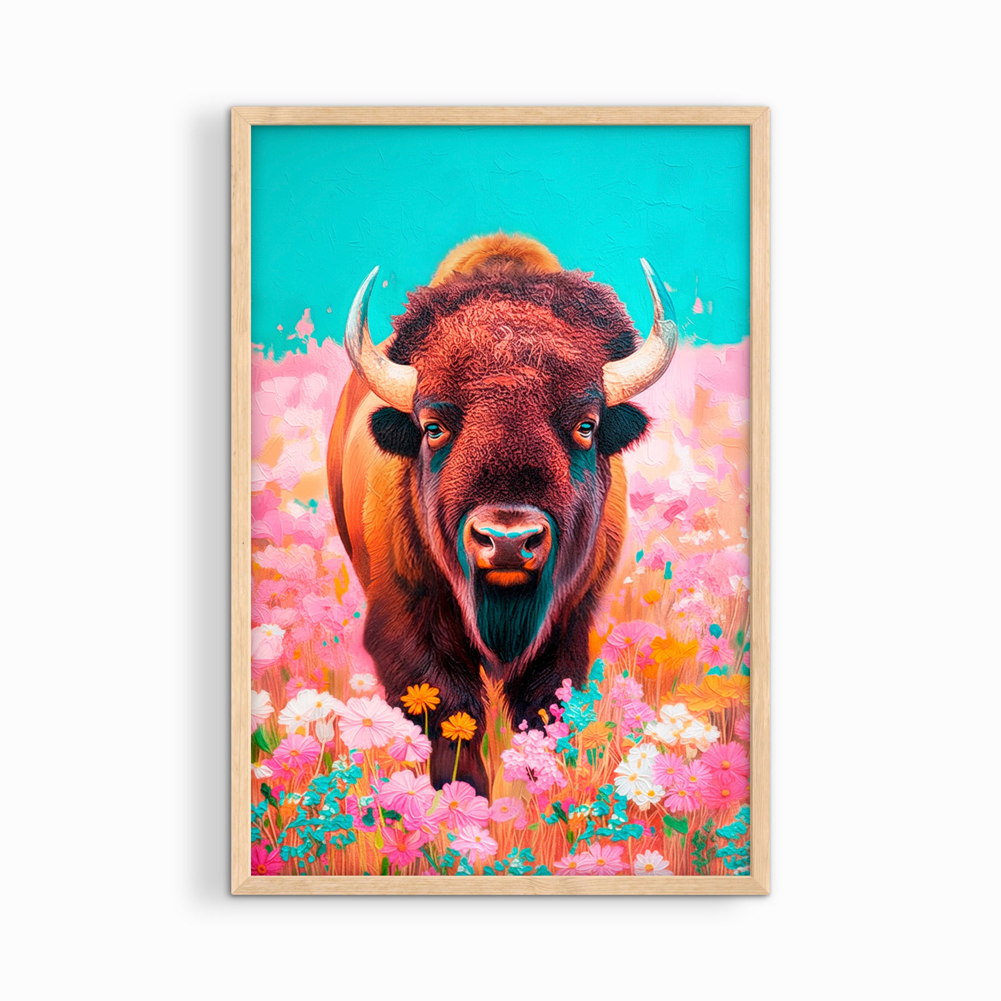buffalo wall art in natural wood frame, southwestern bison print with warm tones and colorful wildflowers