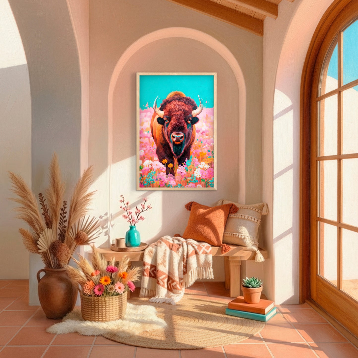 buffalo wall art in southwestern home decor, colorful western bison print styled above bench with warm neutral tones