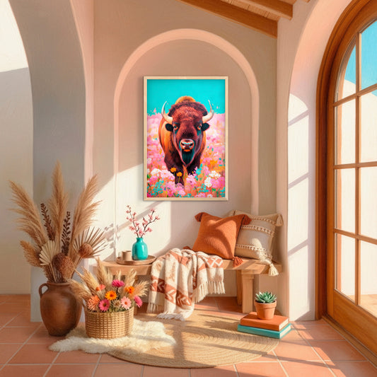 buffalo wall art in southwestern home decor, colorful western bison print styled above bench with warm neutral tones