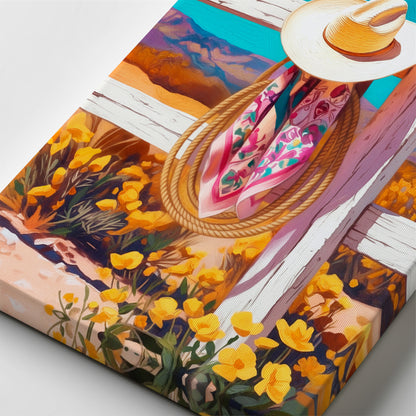 Close-up of canvas texture showing painterly brushstrokes on a colorful cowboy hat western art print.