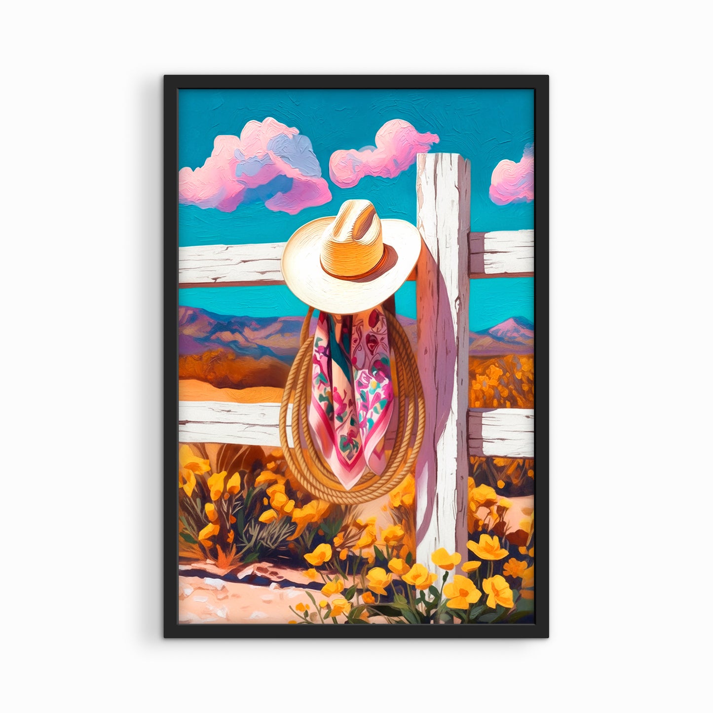 Black framed western wall art print featuring a colorful cowboy hat and scarf in a calm desert setting.