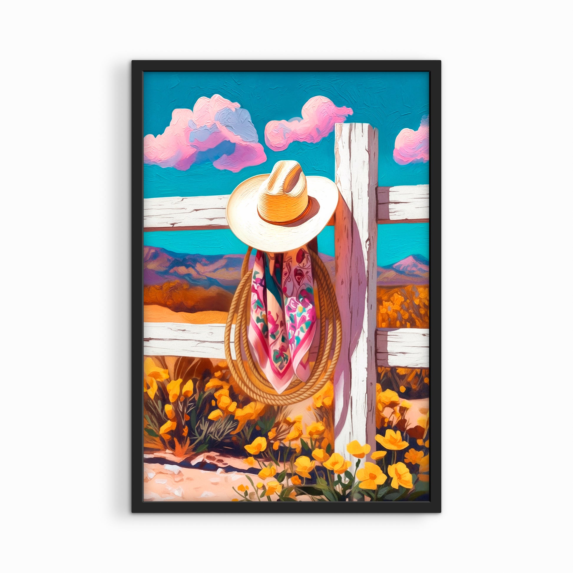 Black framed western wall art print featuring a colorful cowboy hat and scarf in a calm desert setting.
