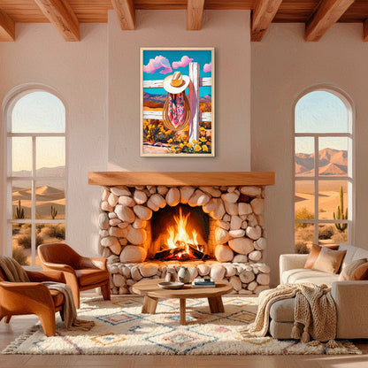 Colorful cowboy hat western wall art styled in a boho-inspired interior with warm, neutral decor.