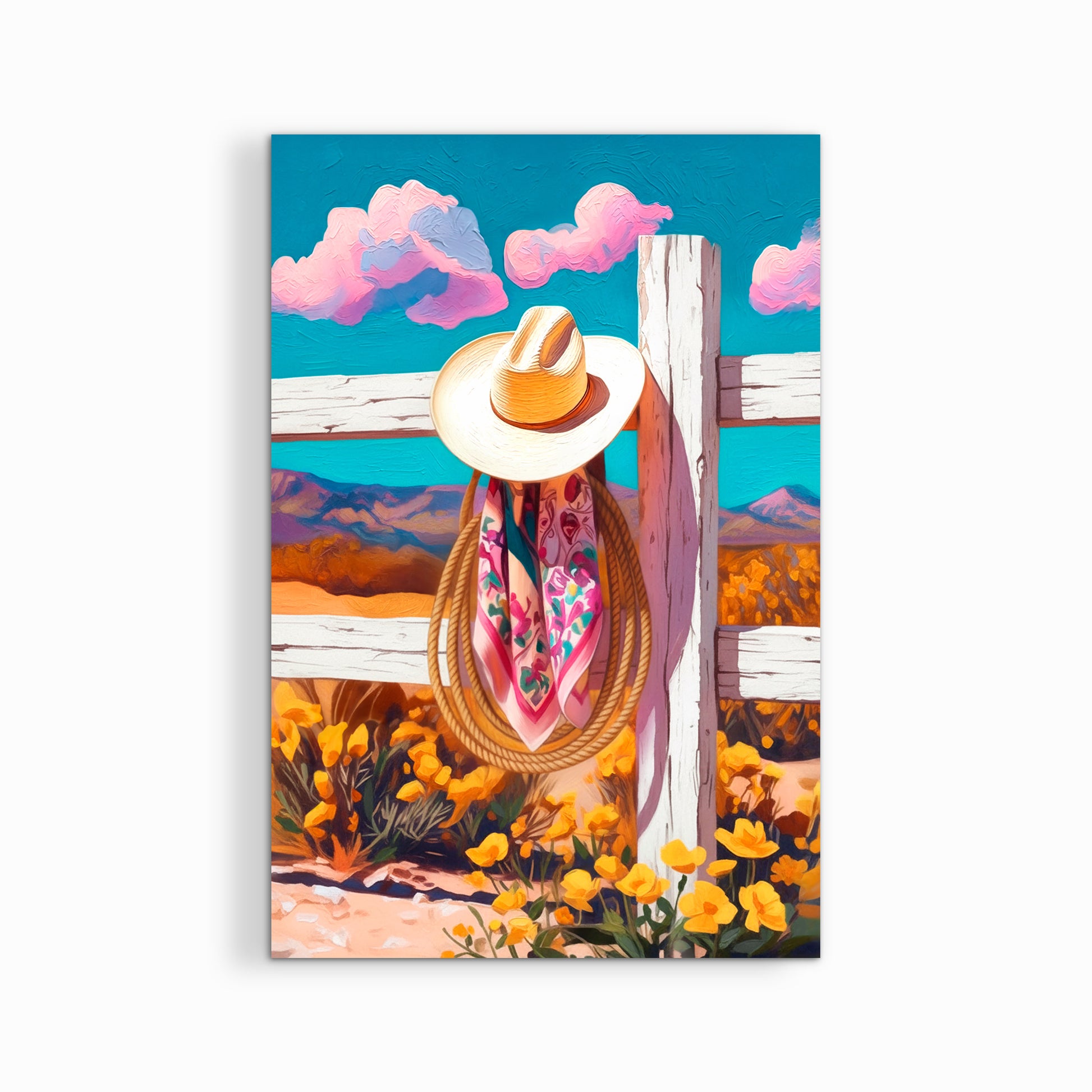 Gallery-wrapped canvas featuring a colorful cowboy hat western wall art print displayed on a white background.