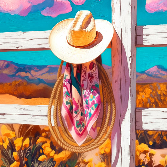 Close-up detail of colorful western wall art featuring a cowboy hat and scarf resting on a fence with warm desert tones.
