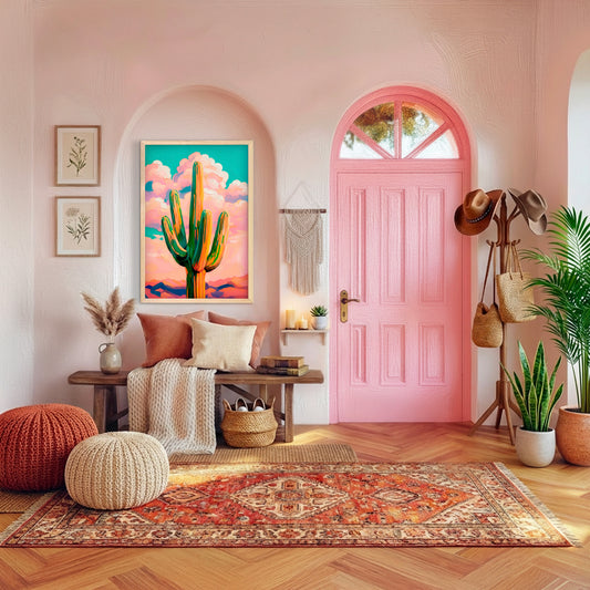 Colorful cactus wall art styled in a boho western entryway with pink door and warm neutral decor