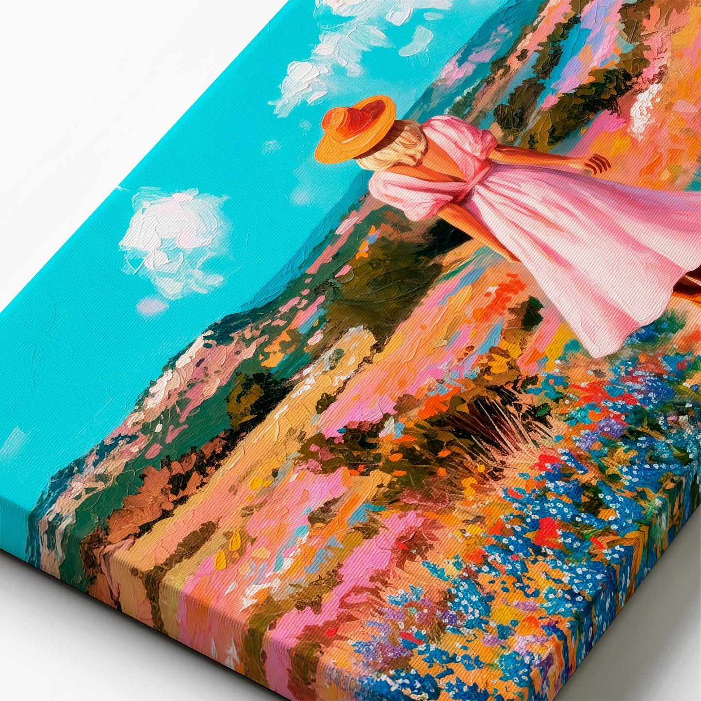 Close-up of canvas texture showing thick acrylic brush strokes in a colorful western wildflower landscape painting