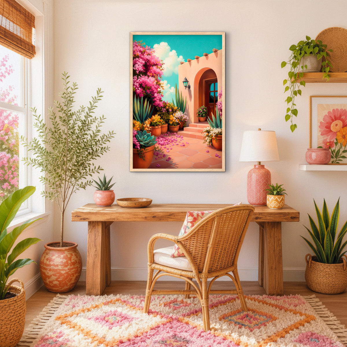Colorful adobe house wall art displayed in a bright Southwestern boho room with natural wood and woven decor