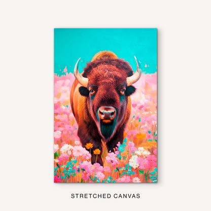 Colorful bison canvas art with boho western wildlife style, pink and white flowers, turquoise sky, and warm ranch house decor colors.