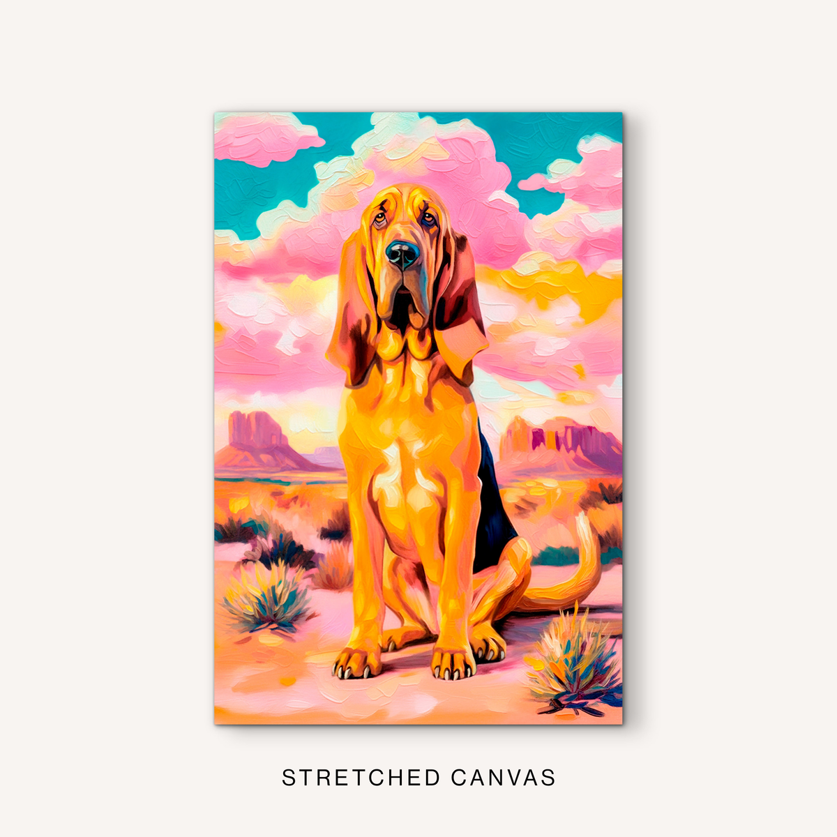 Colorful bloodhound canvas art with boho western animal style, pink clouds, desert plants, and warm ranch house decor colors.
