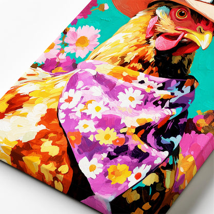 Close-up of textured brushstrokes in colorful chicken painting with cowboy hat and floral scarf