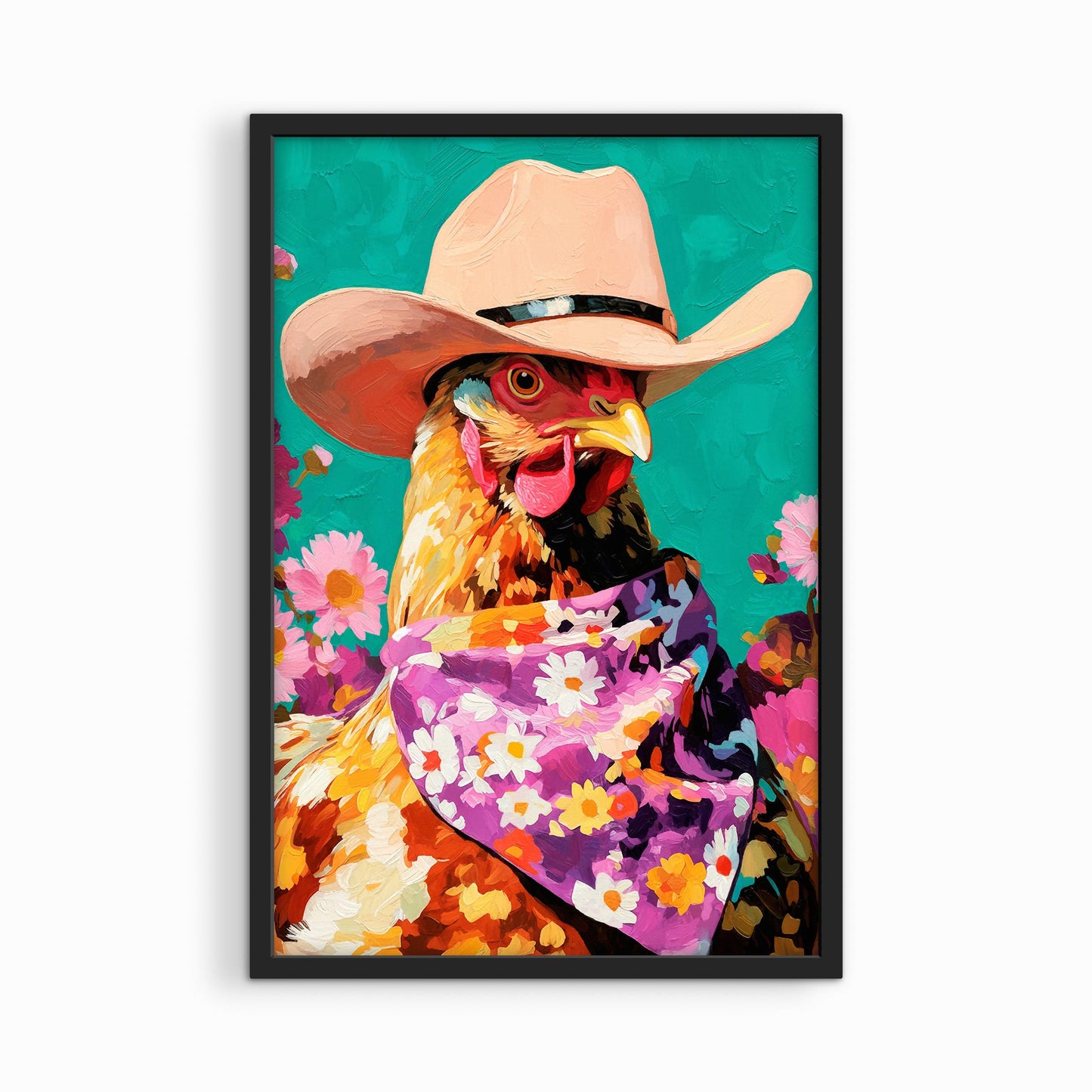 Bold chicken wall art in black frame, colorful western farmhouse animal artwork with modern rustic style