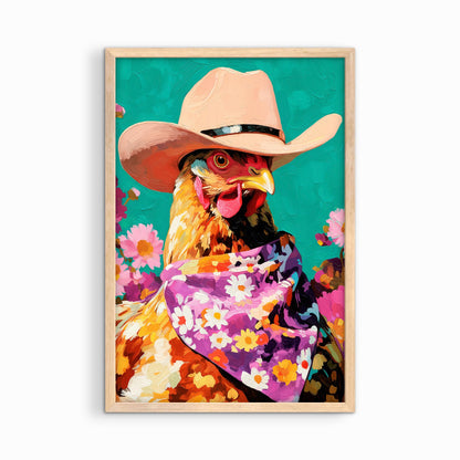 Whimsical chicken art in natural wood frame, colorful western farmhouse wall decor with playful style