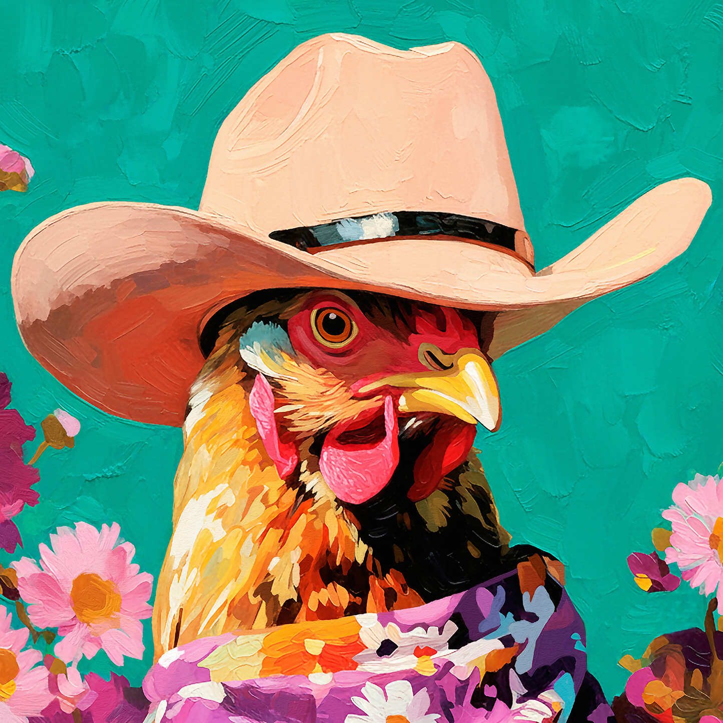 Colorful chicken wearing a cowboy hat and floral bandana, whimsical western farmhouse animal art with turquoise background