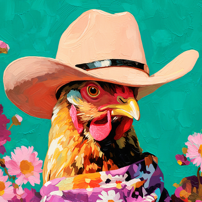 Colorful chicken wearing a cowboy hat and floral bandana, whimsical western farmhouse animal art with turquoise background