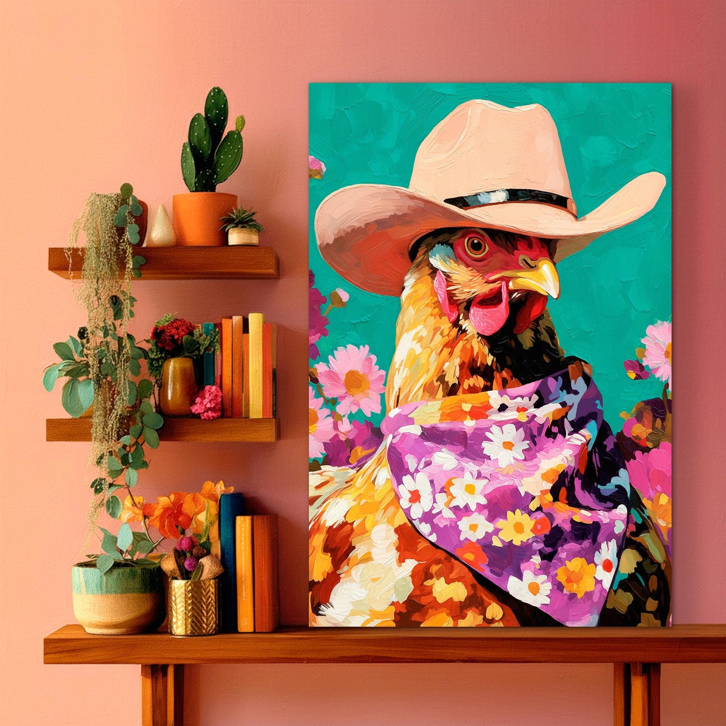 Colorful chicken artwork styled on a shelf, fun western farmhouse wall art with bold turquoise and floral accents