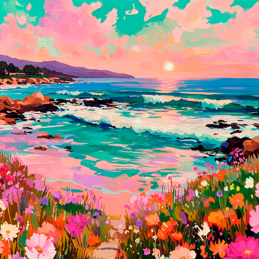Colorful coastal landscape with turquoise ocean waves and pink sunset sky, vibrant floral beach painting for serene home decor