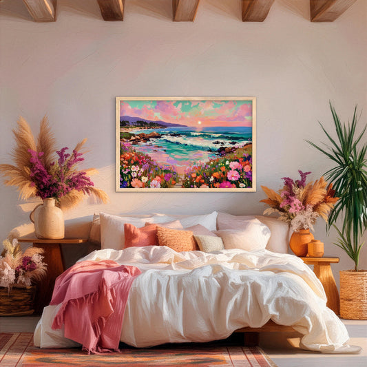 Colorful ocean sunset artwork displayed above a cozy bed, coastal floral wall art with soft pink and turquoise tones