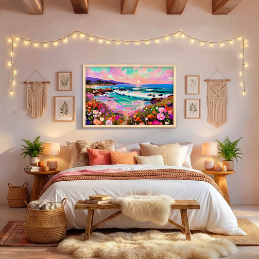Colorful ocean sunset artwork displayed above a cozy bed, coastal floral wall art with soft pink and turquoise tones