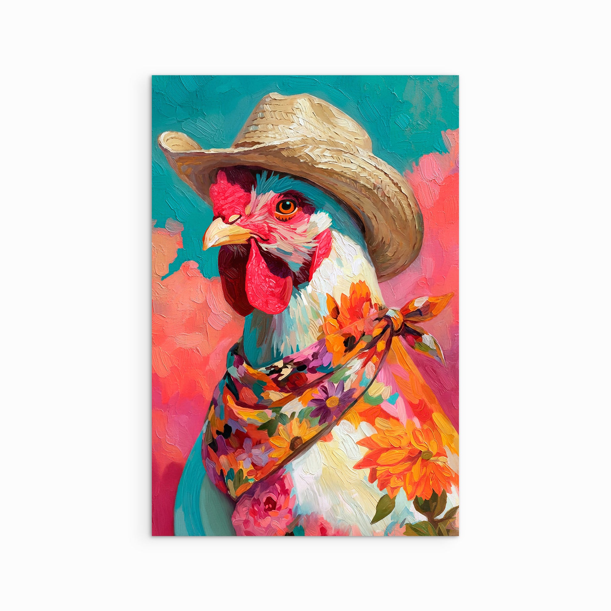 Colorful chicken portrait art print wearing a cowboy hat and floral bandana in a playful modern western style