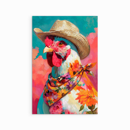 Colorful chicken portrait art print wearing a cowboy hat and floral bandana in a playful modern western style