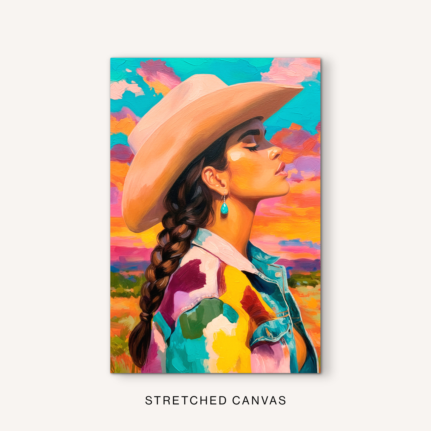 Colorful cowgirl canvas art with boho western style, a side-profile portrait, bright painted jacket, turquoise accents, and sunset desert scenery.